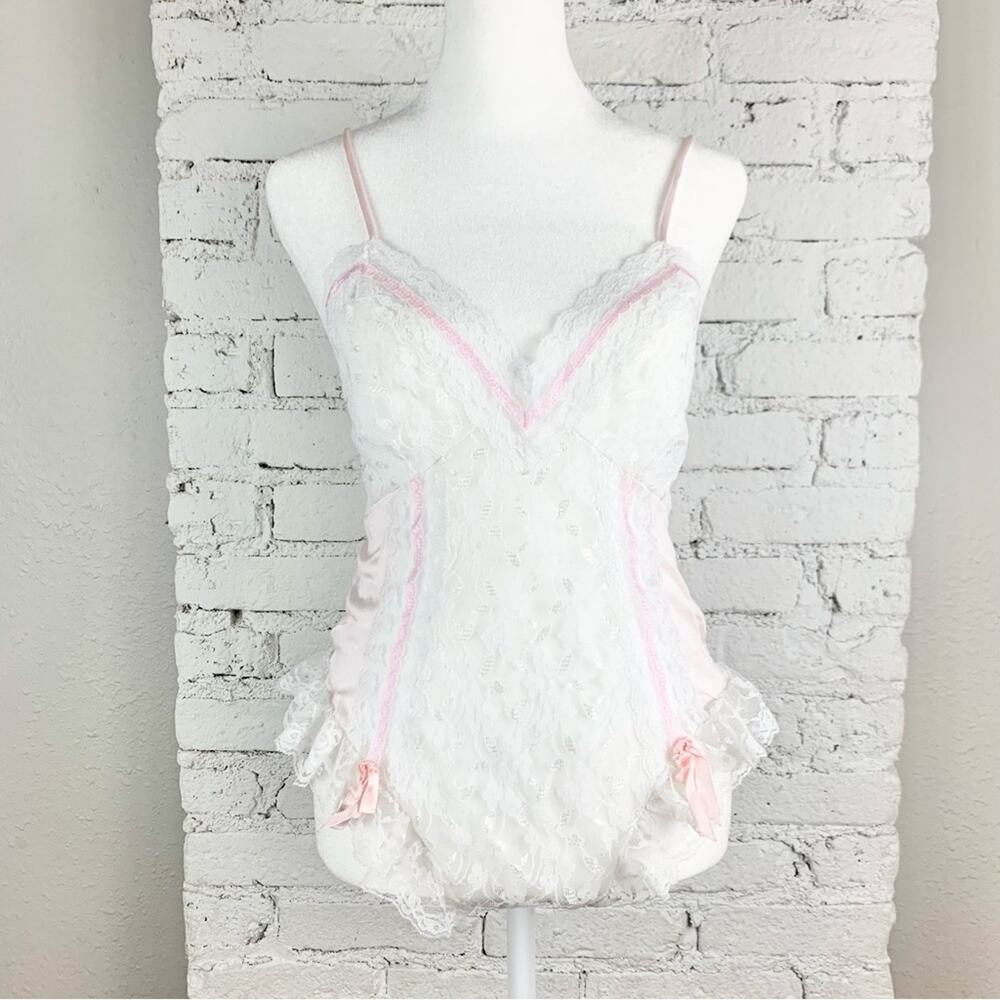 VTG 80s Inner Most Pink Lace Bow Floral Ruffle Bodysuit Lingerie Nightie Teddy S